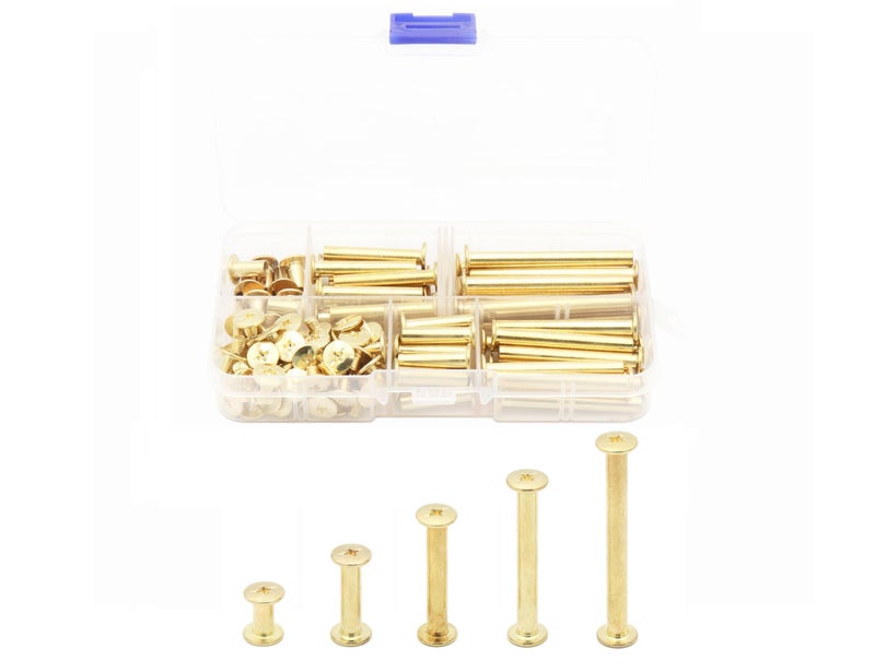 LBY 100pcs Phillips Chicago Screws, M5 x 10/20/30/40/50mm Binding Screw Posts, Book Screws, Binding Barrels and Screws Assortment Kit for Leather Saddles, Purses, Belt Repair, Copper-Plated - Image 1